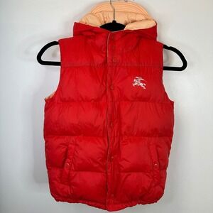 Burberry Childrens Reversible Puffer‎ Vest Red Peach Hooded Logo Size 12Y 140cm